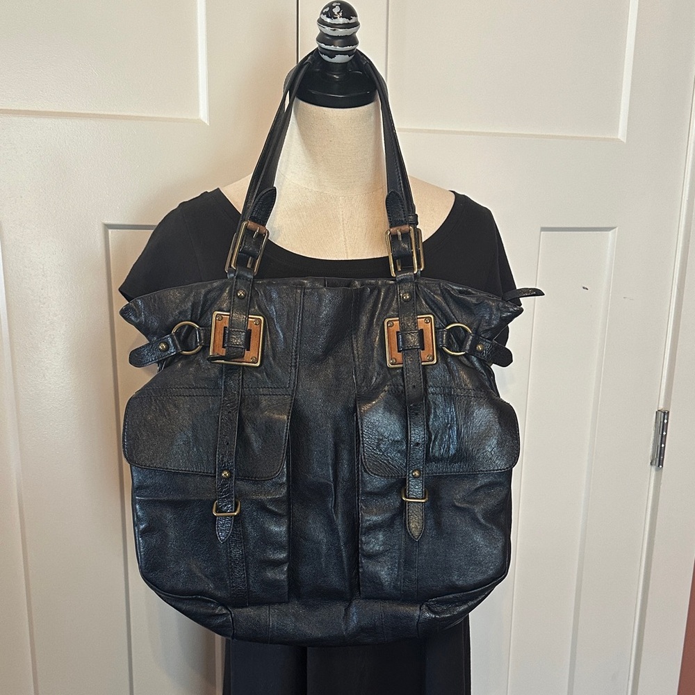 Elliott Lucca hobo midnight blue black leather wood brass accents zipper purse